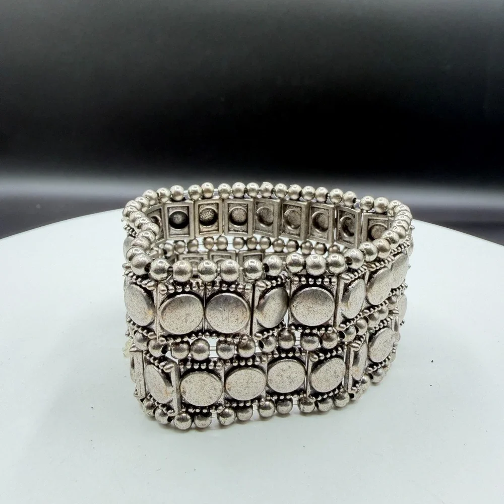 Silver Tone Chunky Stretch Bracelet Geometric Coin Bead Boho Statement Jewelry